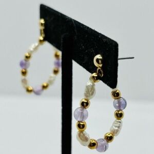 Boho Chic Gold Hoop Earrings with Amethyst & Pearls